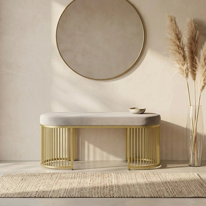 Serena Bench Luxury Gray Velvet Bench – Gold Metal Base