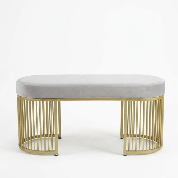 Serena Bench Luxury Gray Velvet Bench – Gold Metal Base