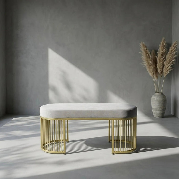 Serena Bench Luxury Gray Velvet Bench – Gold Metal Base