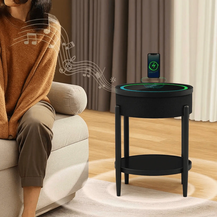 Smart Round Side Table with Bluetooth Speaker, Wireless Charging & RGB LED (QMS-7)