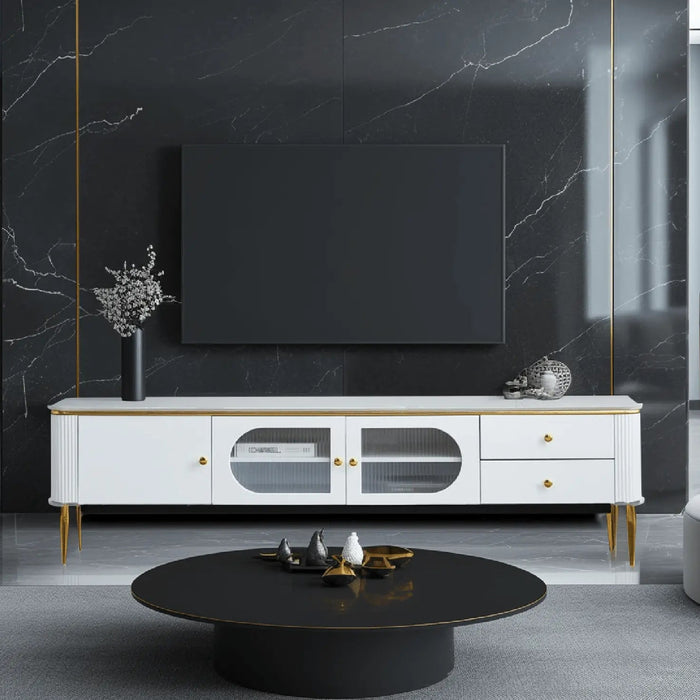 White Marble TV Unit – Modern Design with Storage