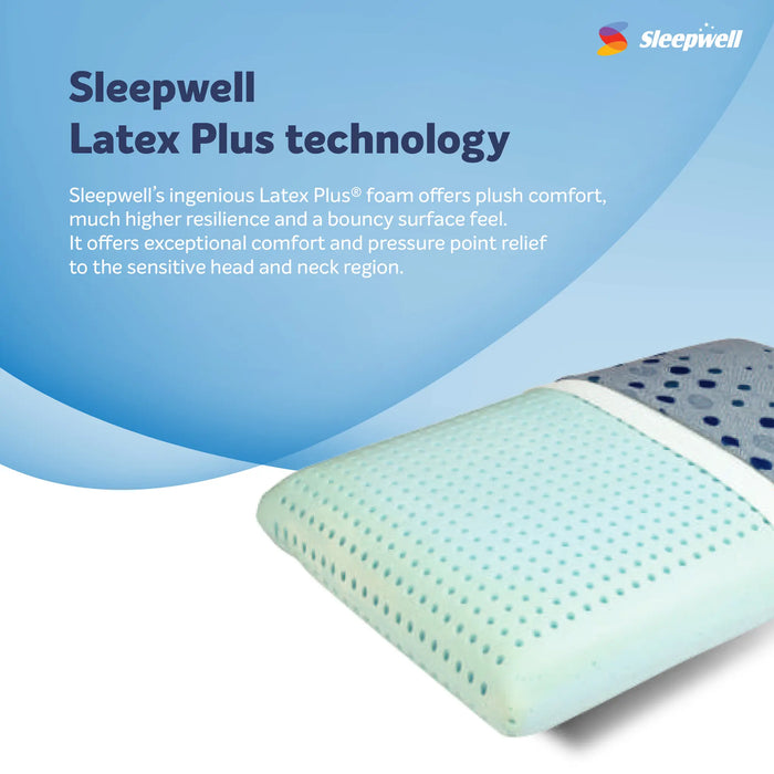 Sleepwell Latex Plus Curve Regular Pillow | Advanced Neck & Head Support for Pressure Relief | Premium Cotton Knit Fabric & Elite Latex Foam | Airvent Cooling | Neem Fresche Hygiene Protection