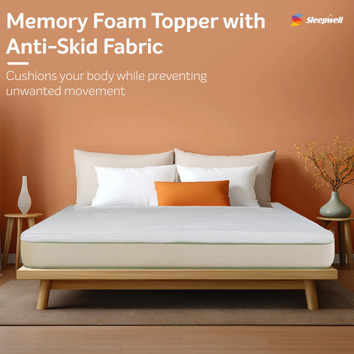 Sleepwell Memory Foam Mattress Topper, Extra Comfort & Pressure Relief, Anti-Skid Surface with Cool Yarn, Enhanced Support & Full Back Support, 2 Years Warranty