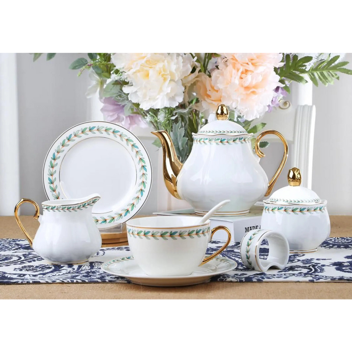 31 Pcs Round Tea Set 6" Cake Plate x6 Leaf Pattern
