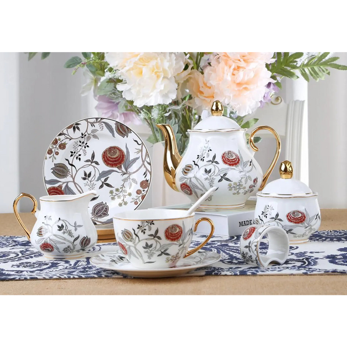 31 Pcs Round Tea Set 6" Cake Plate x6 Red Rose