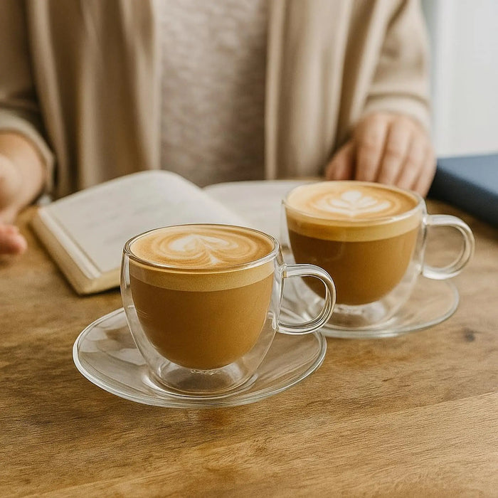 Insulated Glass Cups with saucers 200ml. Set of 2