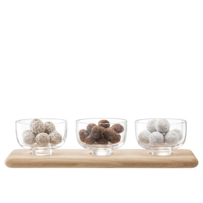 Serve Arch Trio Bowl Set & Oak Base L33cm Clear