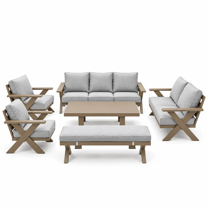 Taupe 6-Piece Outdoor Sofa Set with Bench & Coffee Table