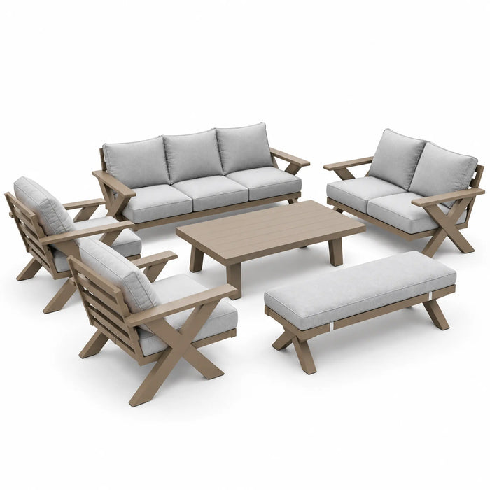 Taupe 6-Piece Outdoor Sofa Set with Bench & Coffee Table