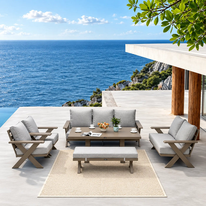 Taupe 6-Piece Outdoor Sofa Set with Bench & Coffee Table