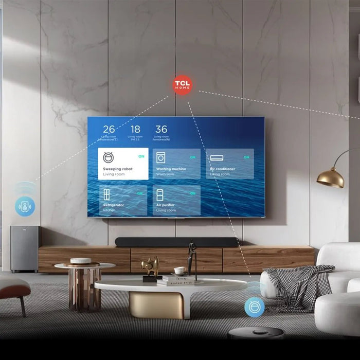 TCL smart TV displaying a user interface in a modern living room.