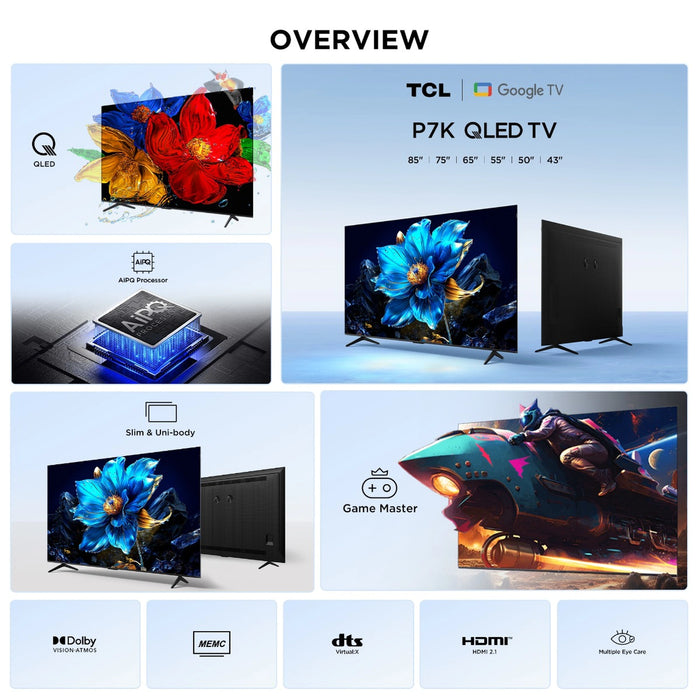 TCL 75 Inch 4K QLED Google TV 2025 | QLED | Slim & Uni-body | AiPQ Processor | Dolby Vision & Atmos | HDR10+ | HVA Panel | 75P7K