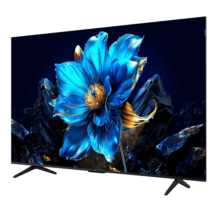 Television displaying a blue flower on a dark background