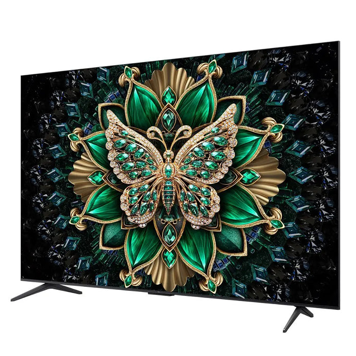 TV screen displaying an ornate butterfly design with green and gold colors on a dark background.
