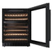 Black wine cooler with open door on a white background