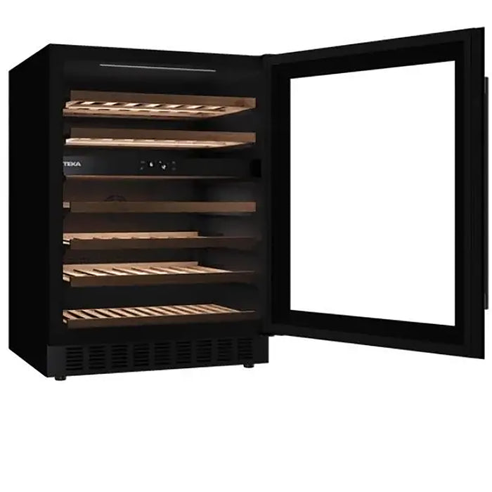 Black wine cooler with open door on a white background