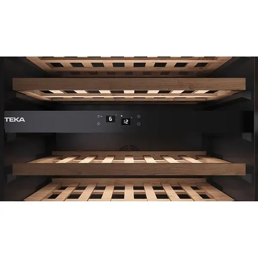 Wine cooler with wooden shelves and digital display, brand 'TEKA' visible.