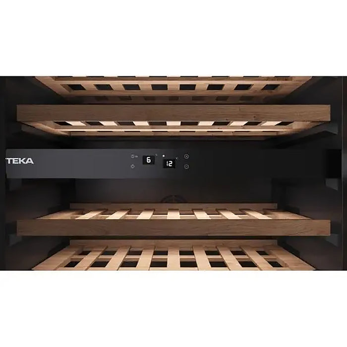 Wine cooler with wooden shelves and digital display, brand 'TEKA' visible.
