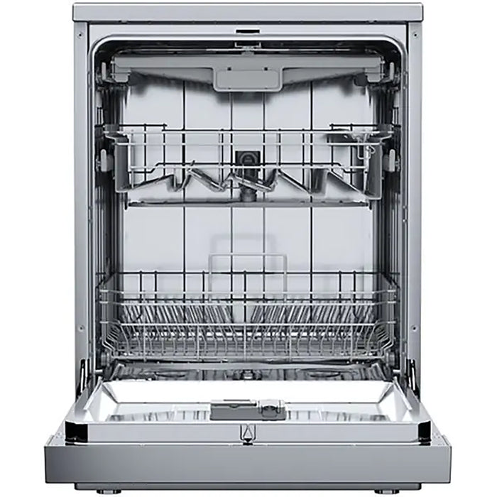 Open dishwasher with racks on a white background