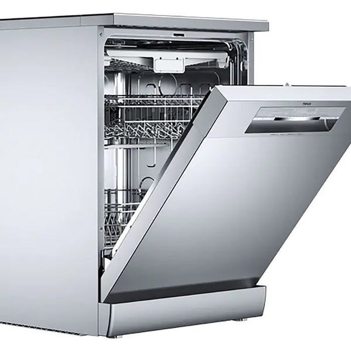 Stainless steel dishwasher with open door on a white background