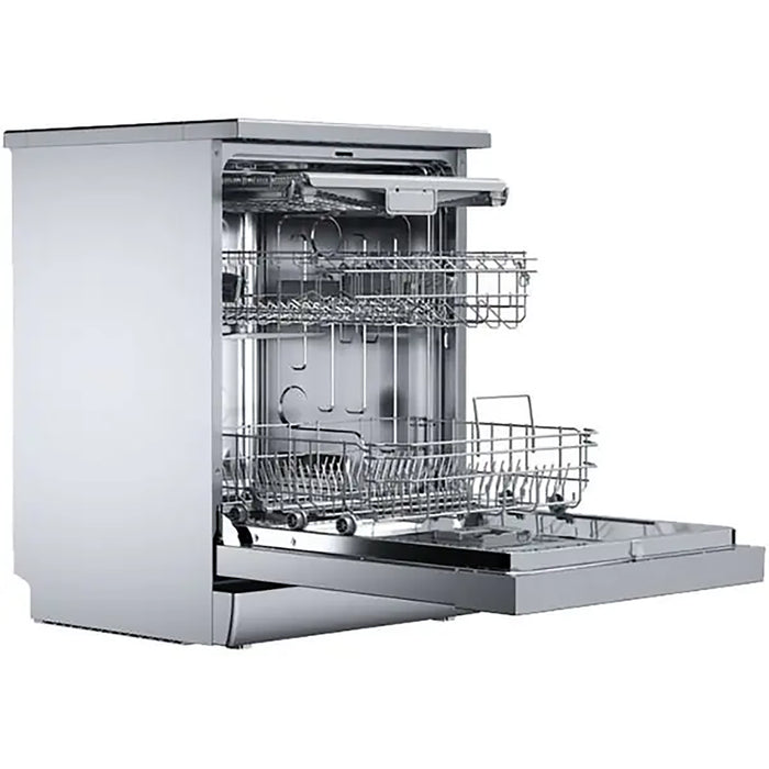 Stainless steel dishwasher with open door on a white background
