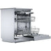 Stainless steel dishwasher with open door on a white background