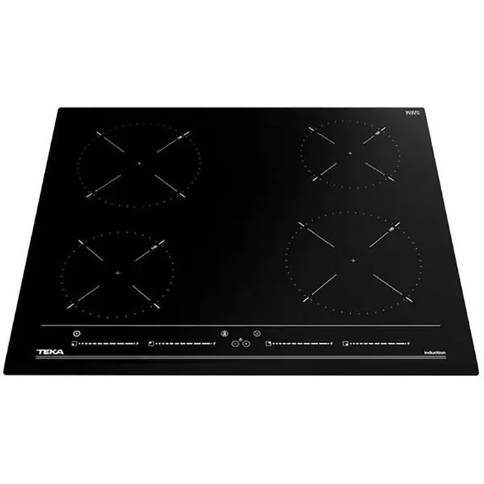 Black induction cooktop with four heating elements on a white background