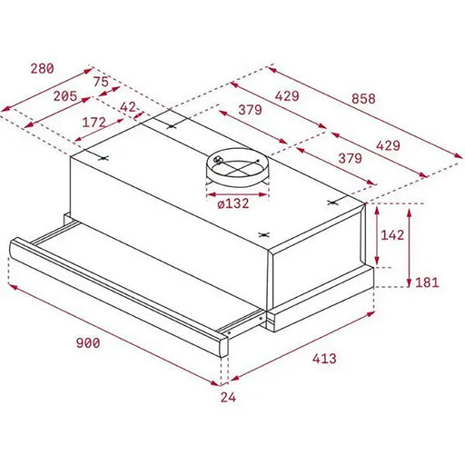 Technical drawing of a rectangular object with dimensions labeled