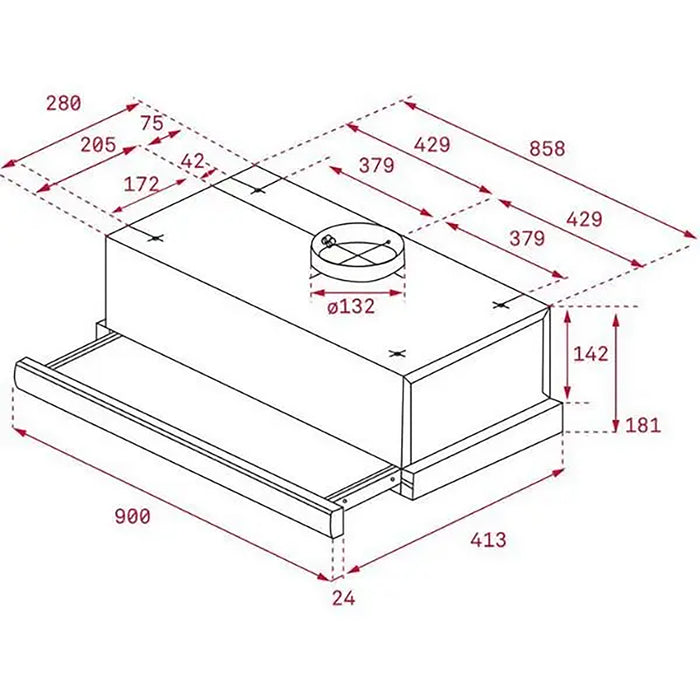 Technical drawing of a rectangular object with dimensions labeled