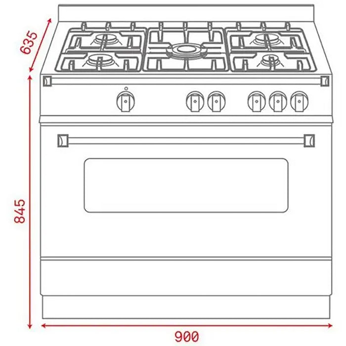 Measurement chart of a kitchen stove with dimensions labeled.