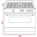 Measurement chart of a kitchen stove with dimensions labeled.