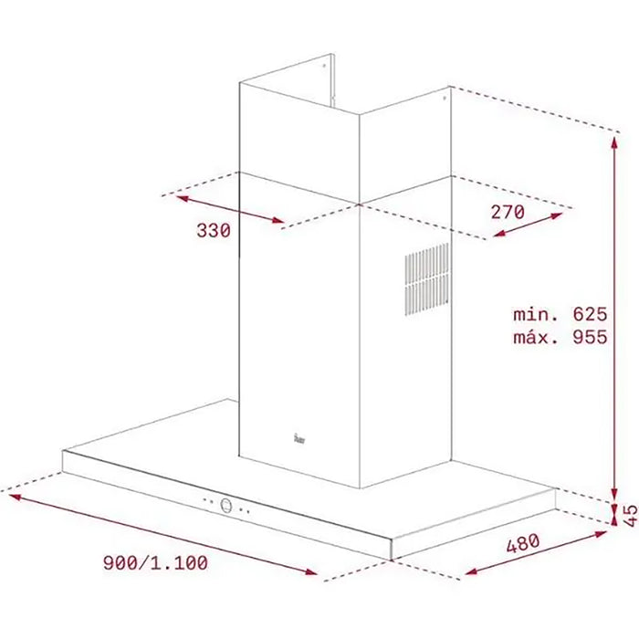 Measurement chart of a kitchen hood with dimensions labeled