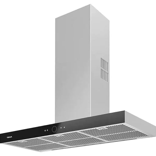 Kitchen hood with black trim on a white background