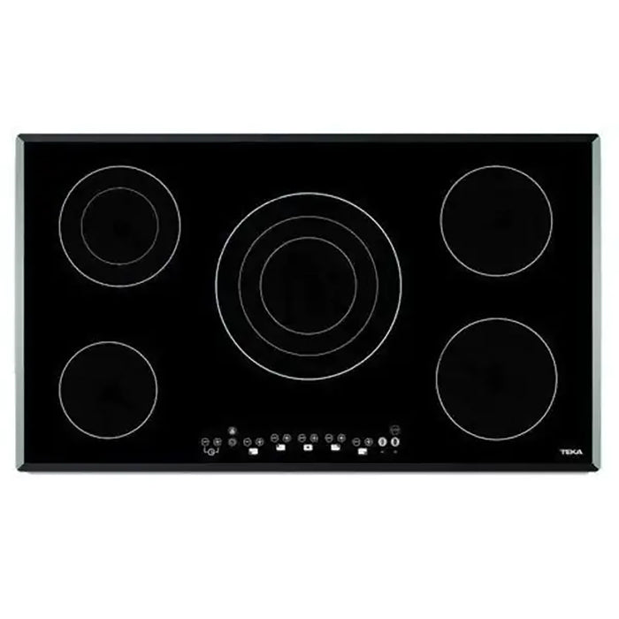 Black electric cooktop with five heating elements on a white background