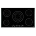 Black electric cooktop with five heating elements on a white background