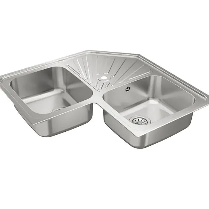 Stainless steel kitchen sink with a white background