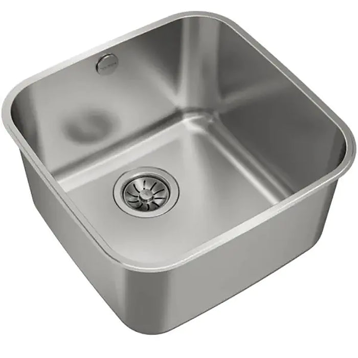 Stainless steel kitchen sink on a white background