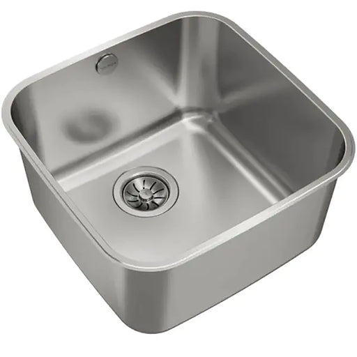 Stainless steel kitchen sink on a white background