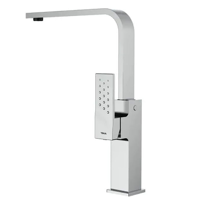 Chrome shower system with handheld shower head on a white background