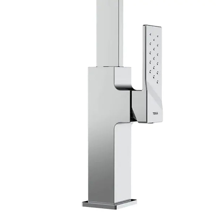 Chrome shower mixer with handheld shower head on a white background