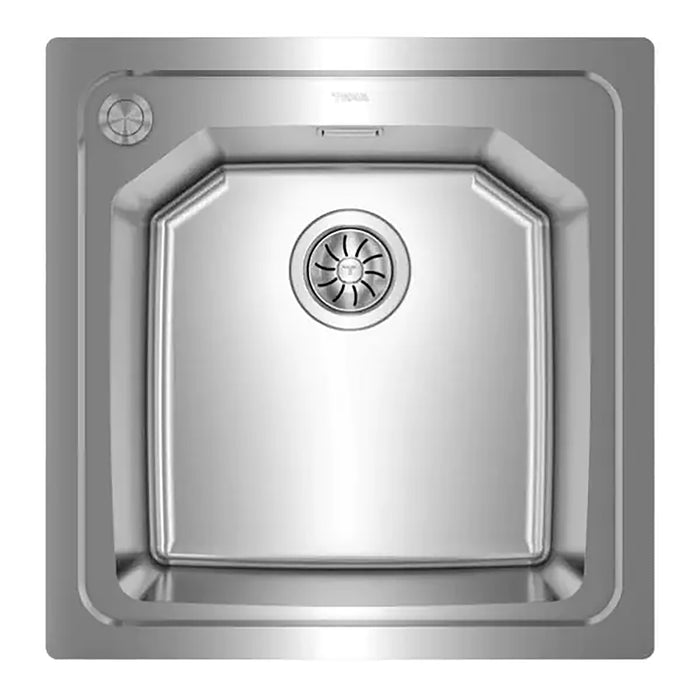 Stainless steel kitchen sink on a white background