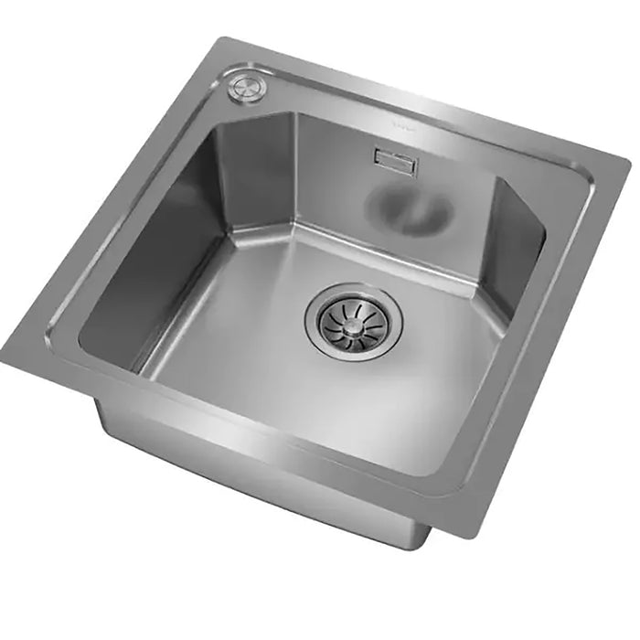 Stainless steel kitchen sink on a white background