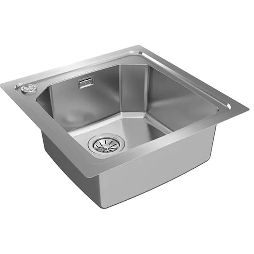 Stainless steel kitchen sink on a white background