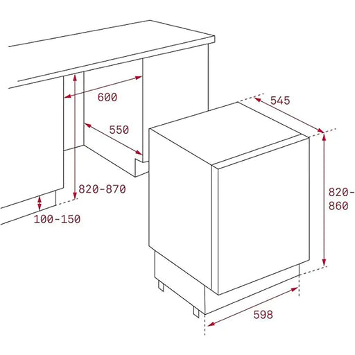 Technical drawing of a kitchen cabinet with dimensions labeled