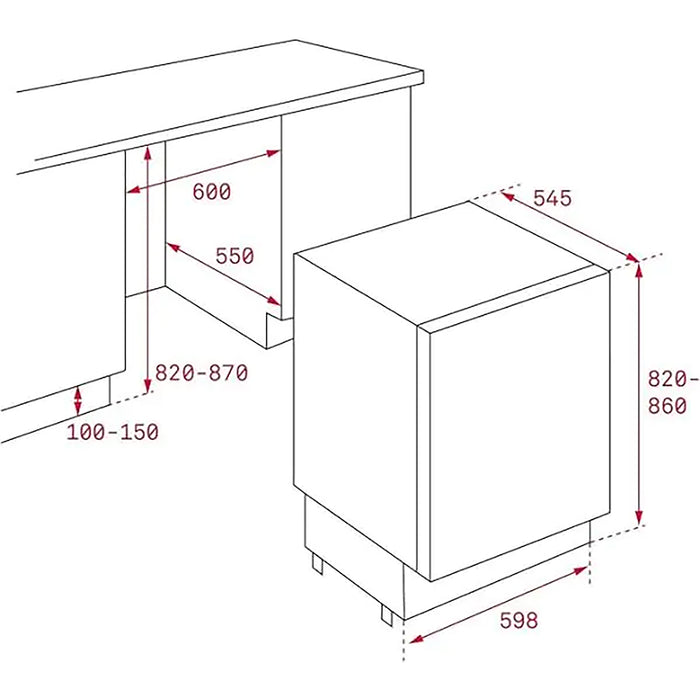 Technical drawing of a kitchen cabinet with dimensions labeled