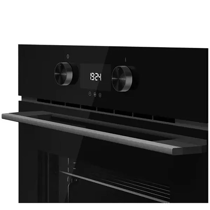 Black oven with digital display and control knobs on a white background