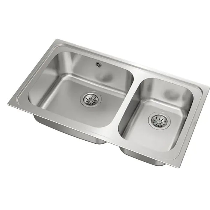 Stainless steel kitchen sink with double basin on a white background