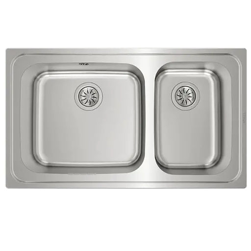 Stainless steel kitchen sink with two basins on a white background