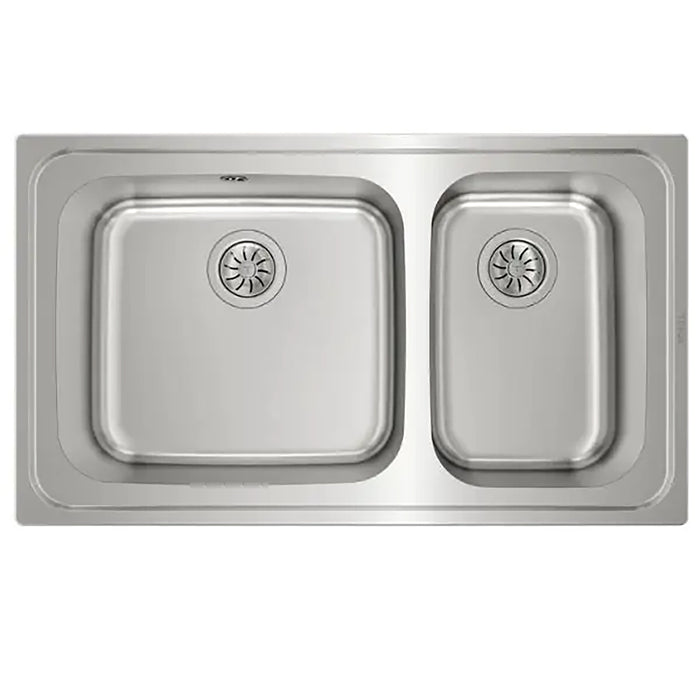 Stainless steel kitchen sink with two basins on a white background