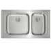 Stainless steel kitchen sink with two basins on a white background